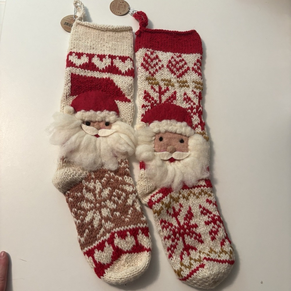 NWT PAIR SANTA Red & White Knit Wool Christmas Stockings $120 MSRP MADE IN NEPAL